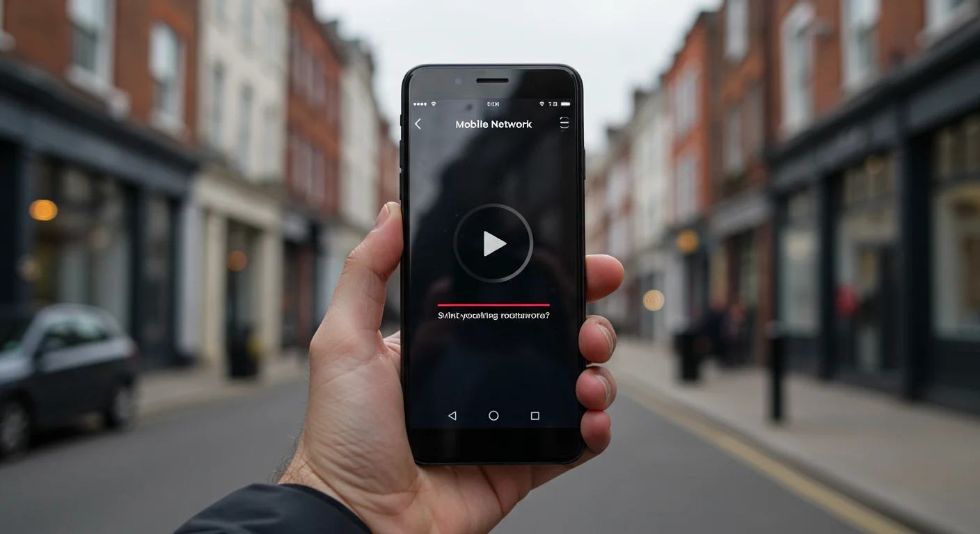 Hand holding smartphone displaying a mobile network interface with a play button, set against a blurred urban street backdrop, illustrating data usage for IPTV streaming on 4G and 5G networks.