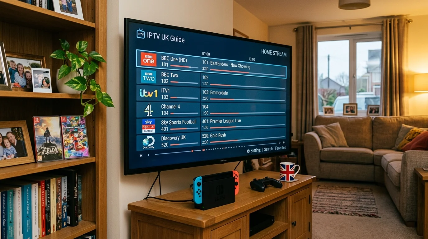 IPTV UK Guide displayed on a large TV screen, featuring channels like BBC One, ITV1, and Sky Sports Football, with a Nintendo Switch console on a wooden table, showcasing IPTV streaming in a cozy living room setting.