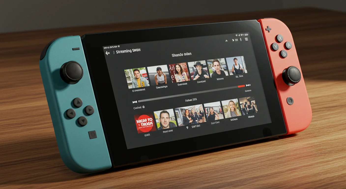 Nintendo Switch displaying IPTV streaming interface with colorful controllers, showcasing various shows and user options.