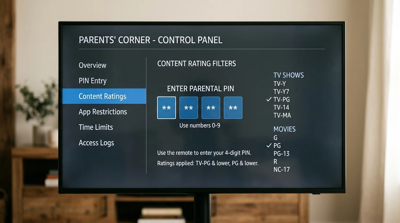 Parents' corner control panel displaying content rating filters and parental PIN entry options for IPTV services, emphasizing child safety features.