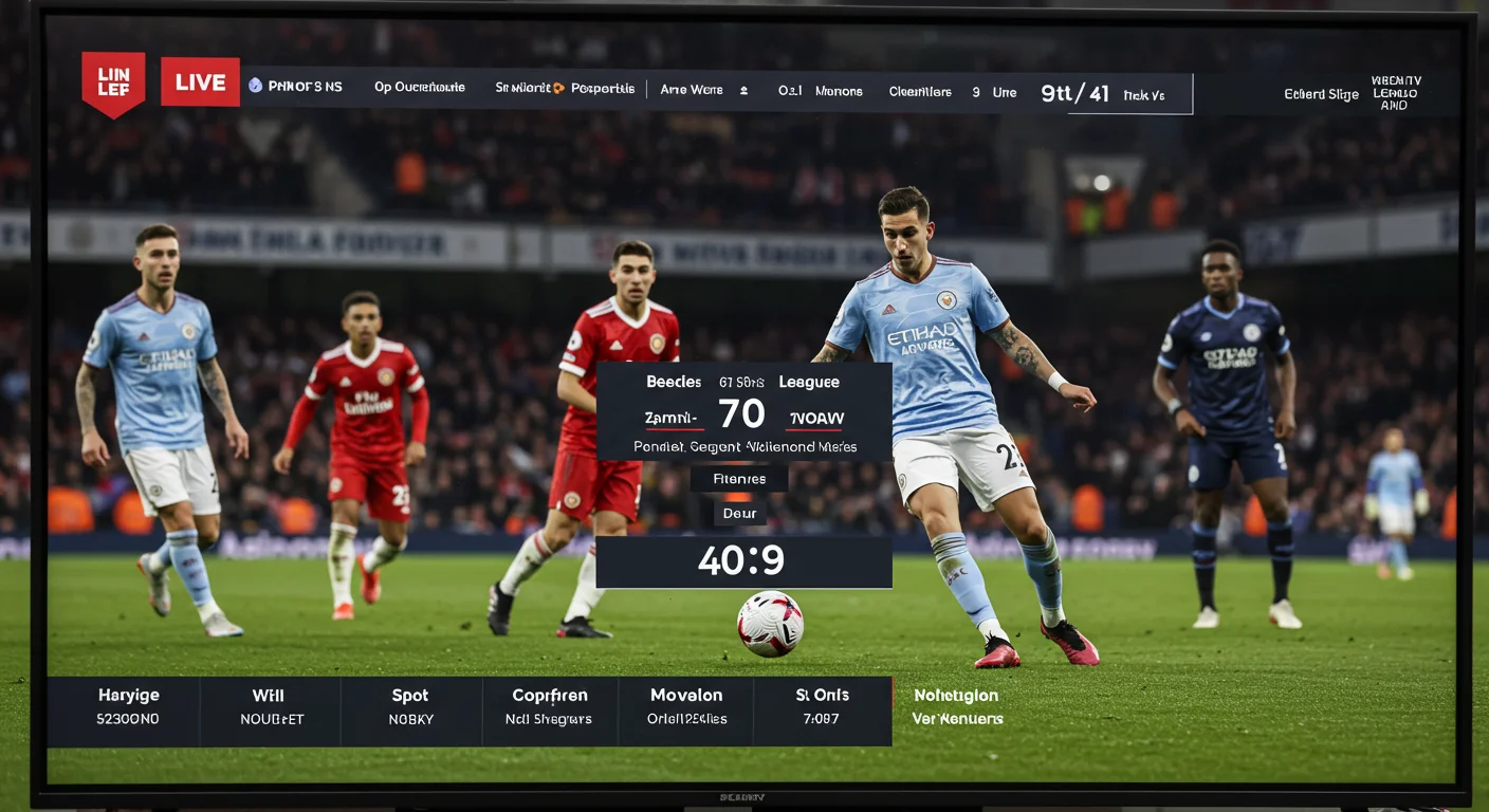 Live IPTV broadcast of a Premier League match featuring players in Manchester City and Liverpool jerseys, with on-screen stats and game information displayed.