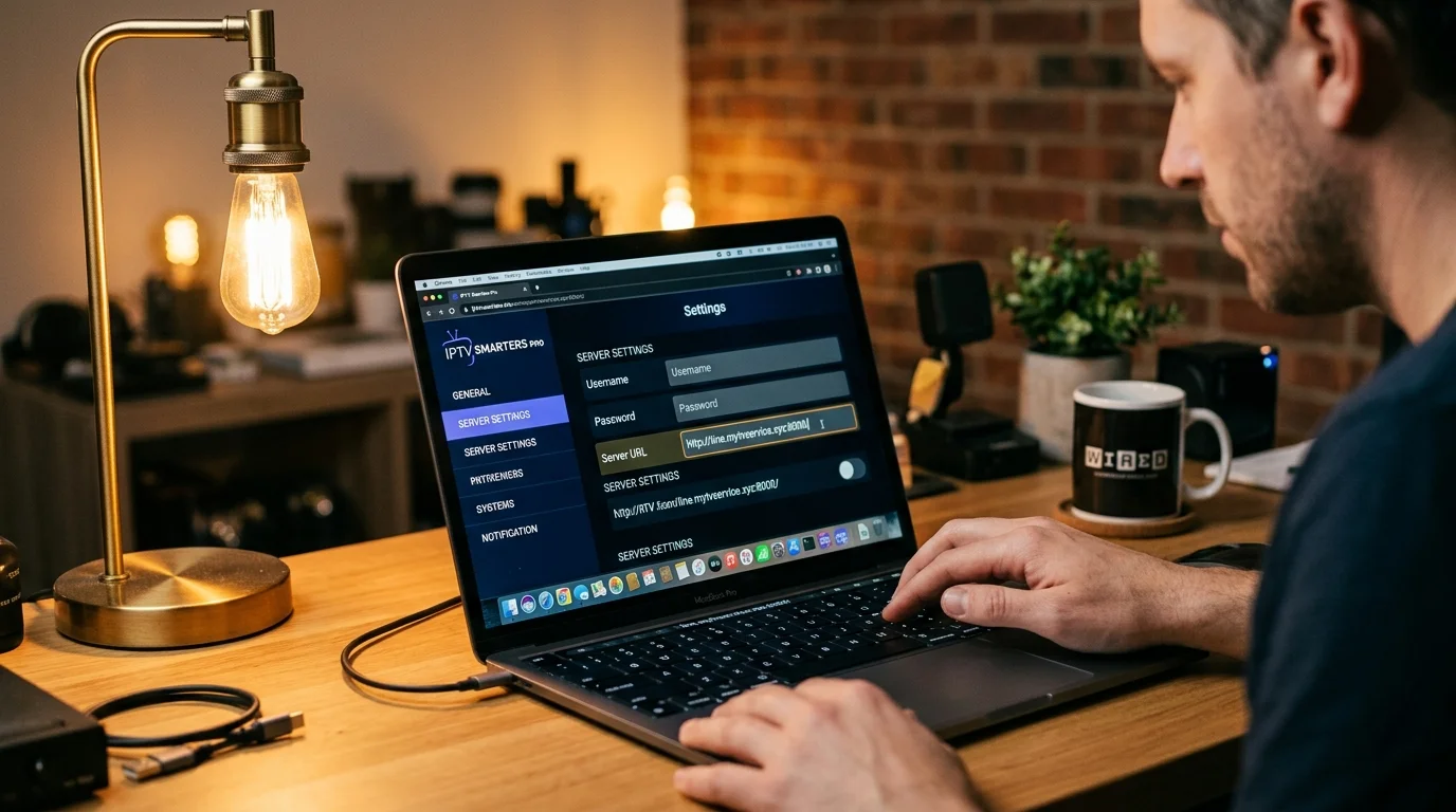 Person using a laptop displaying IPTV Smarters Pro settings, focusing on server configuration for troubleshooting video issues, in a cozy workspace with decorative elements.