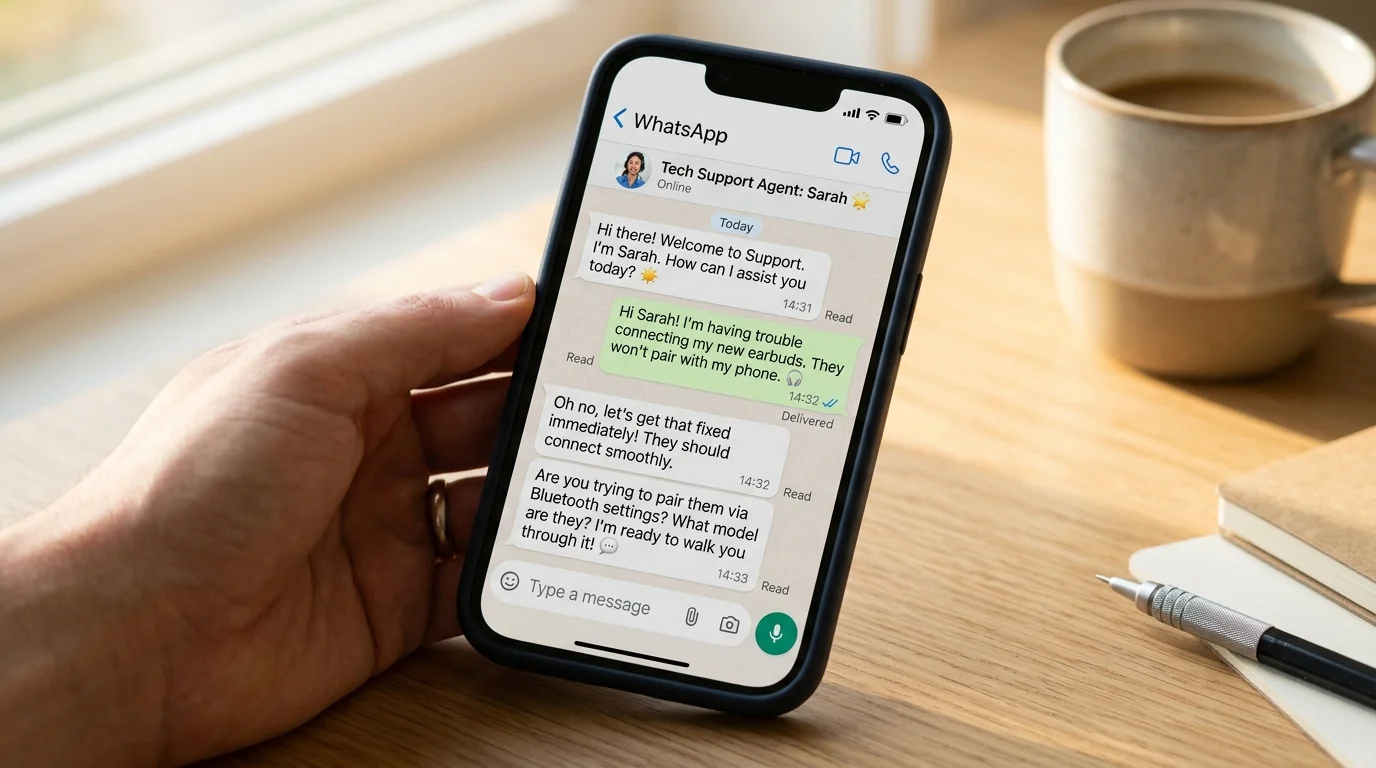 Smartphone displaying a WhatsApp conversation with tech support agent, emphasizing 24/7 customer support for IPTV UK Cloud services.