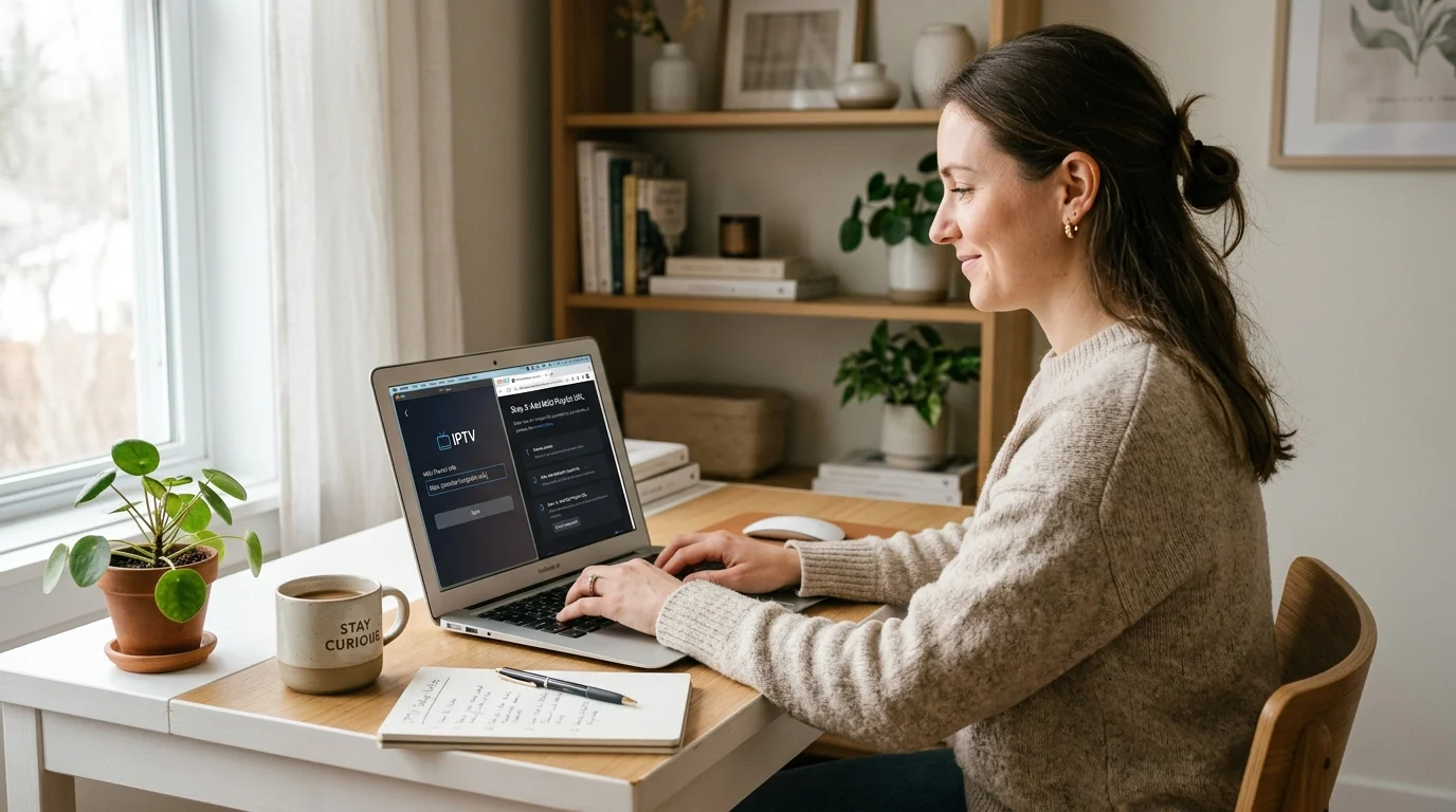 Woman using a laptop to explore IPTV services, with a coffee mug and plant on a desk, illustrating the setup process for IPTV UK Cloud subscriptions.
