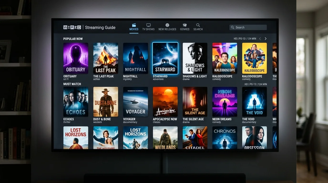 Streaming interface displaying popular movies and series options, featuring titles like "Obituary," "The Last Peak," and "Starward," relevant to IPTV UK Cloud's extensive video library.