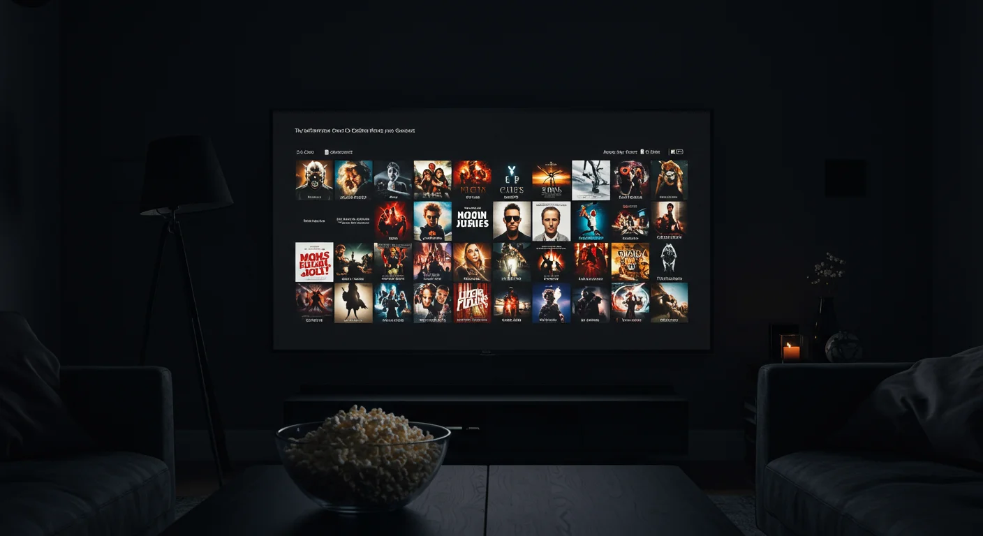 Home theater setup with a large TV displaying a variety of movie titles, popcorn bowl in foreground, emphasizing IPTV UK Cloud's extensive movie and series library.