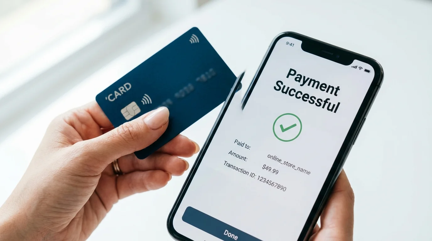 Hand holding a payment card next to a smartphone displaying a successful payment confirmation for IPTV services, emphasizing secure payment options like bank transfers and digital wallets.