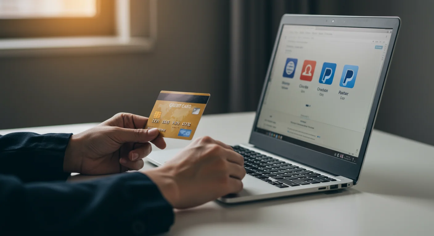 Person using a laptop to enter payment information with a credit card, showcasing various payment method icons including PayPal, relevant to IPTV UK Cloud subscription services.