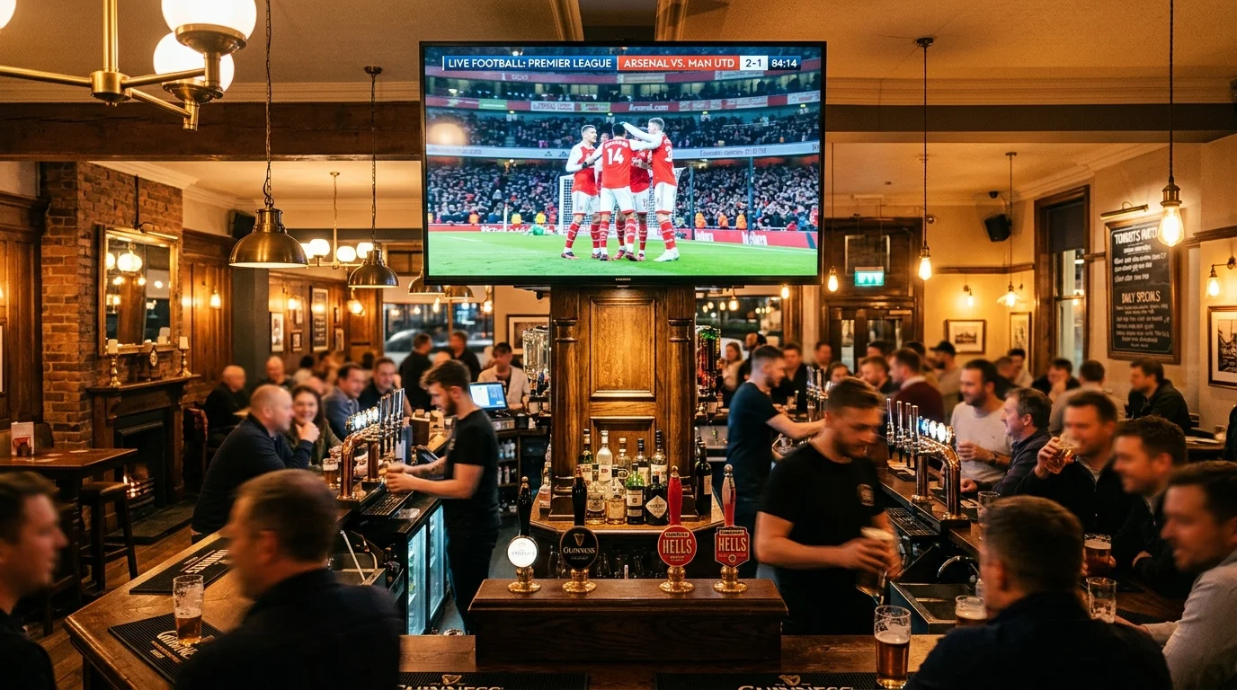 Pub interior with patrons enjoying drinks, large screen displaying live Premier League football match between Arsenal and Manchester United, highlighting IPTV UK Cloud's sports streaming service for commercial venues.