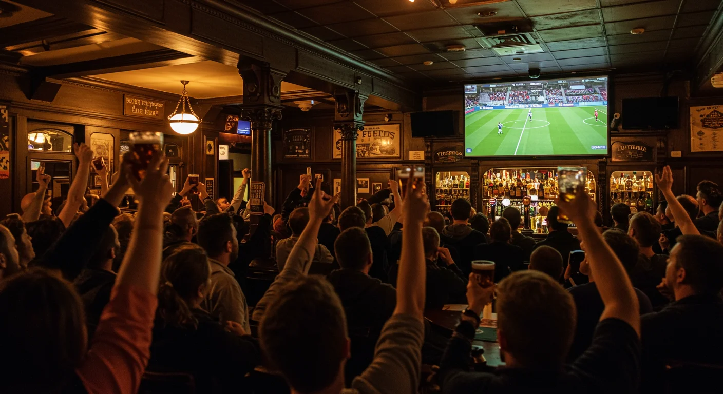 Crowd of enthusiastic patrons in a pub cheering while watching a sports event on a large screen, showcasing the lively atmosphere for IPTV streaming in commercial venues.