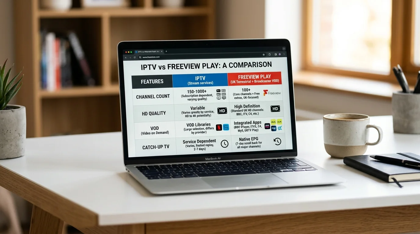 Laptop displaying a comparison table of IPTV and Freeview Play features, highlighting channel count, HD quality, VOD options, and catch-up TV capabilities, with a coffee cup and notebook on a desk.