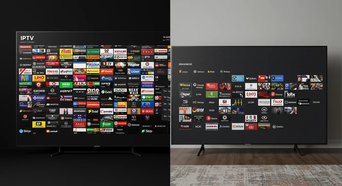 IPTV service comparison showcasing diverse channel logos on two television screens, highlighting IPTV UK Cloud's extensive offerings versus Freeview Play.