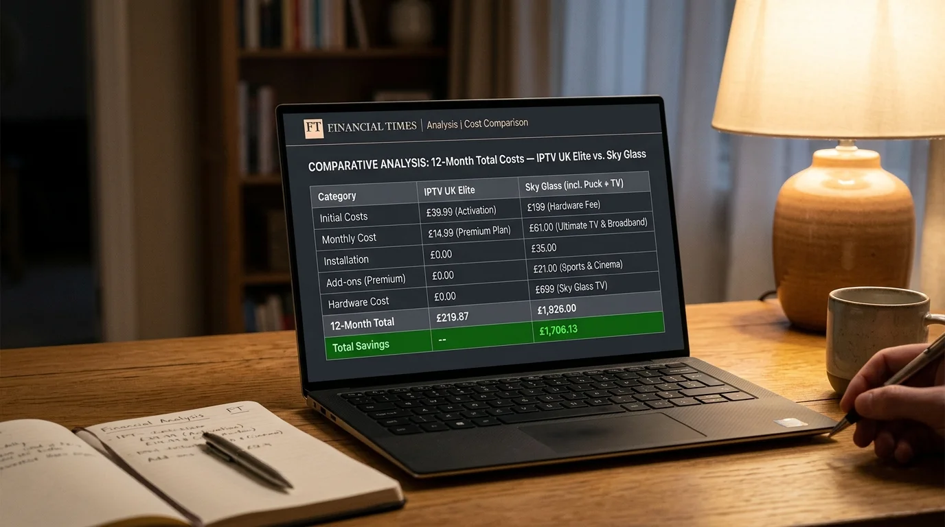Comparative analysis chart of IPTV UK Cloud and Sky Glass costs, showing financial details and total savings, with a laptop and notes in a cozy home setting.