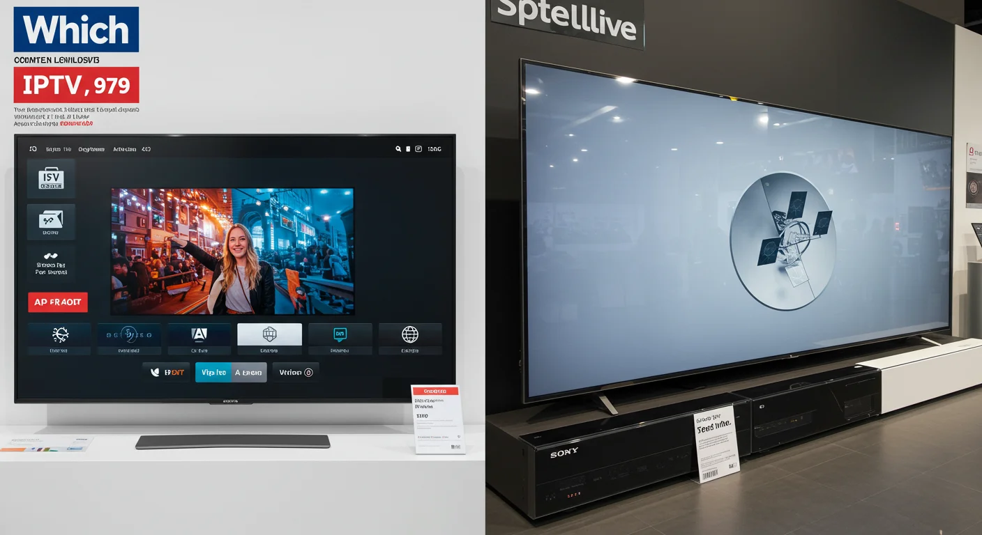 IPTV interface on a television screen displaying channel options and a user-friendly layout, alongside a modern Sony TV setup, highlighting IPTV UK Cloud's service comparison with traditional TV options like Sky Glass.