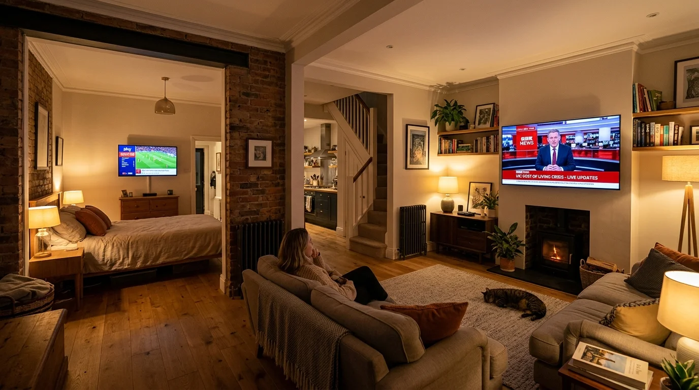 Cozy living room and bedroom setup featuring two televisions displaying Sky Sports and news updates, illustrating a multi-room IPTV experience.
