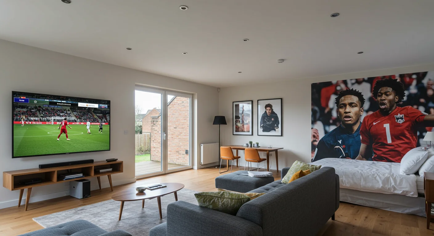 Modern living room featuring a large TV displaying a football match, stylish furniture, and a wall mural of two athletes, highlighting a multi-room IPTV setup for sports viewing.