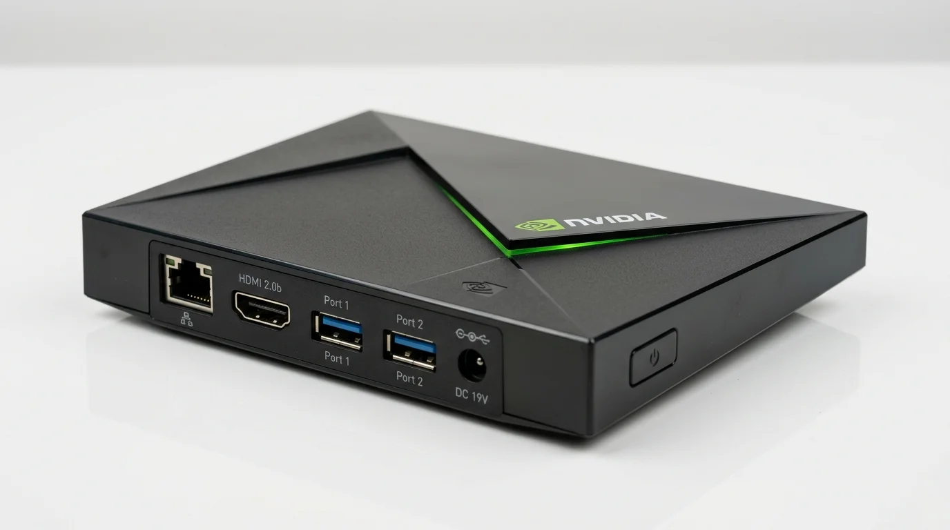 NVIDIA Shield TV Pro streaming device showcasing HDMI 2.0b, USB ports, and Ethernet connection, designed for enhanced IPTV performance.