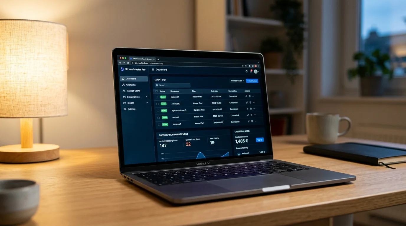 Laptop displaying IPTV management software interface with client list, subscription details, and analytics, set on a wooden desk with a lamp and a coffee cup, relevant to IPTV reseller business guidance.
