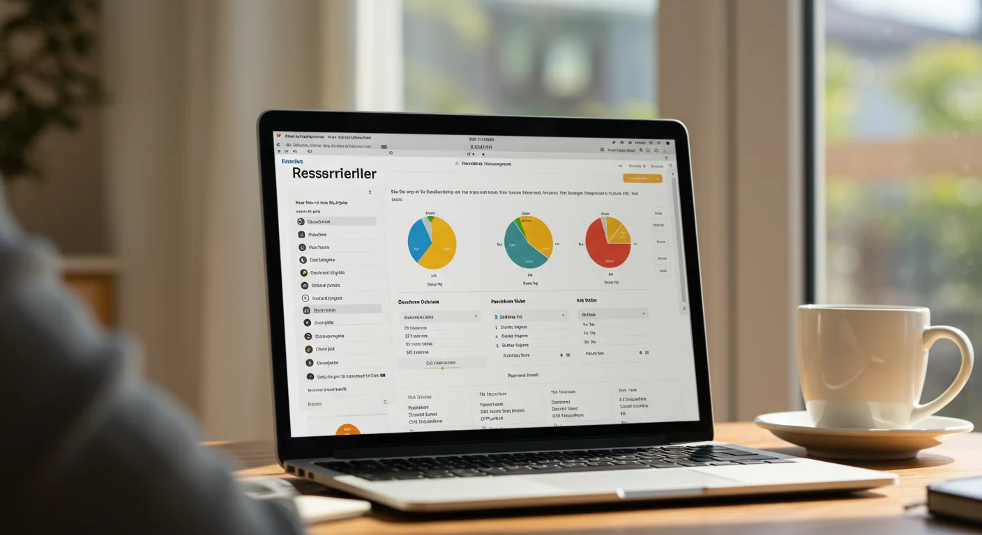 Laptop displaying IPTV reseller dashboard with colorful pie charts and graphs, coffee cup on wooden table, emphasizing IPTV UK Cloud's reseller business model.