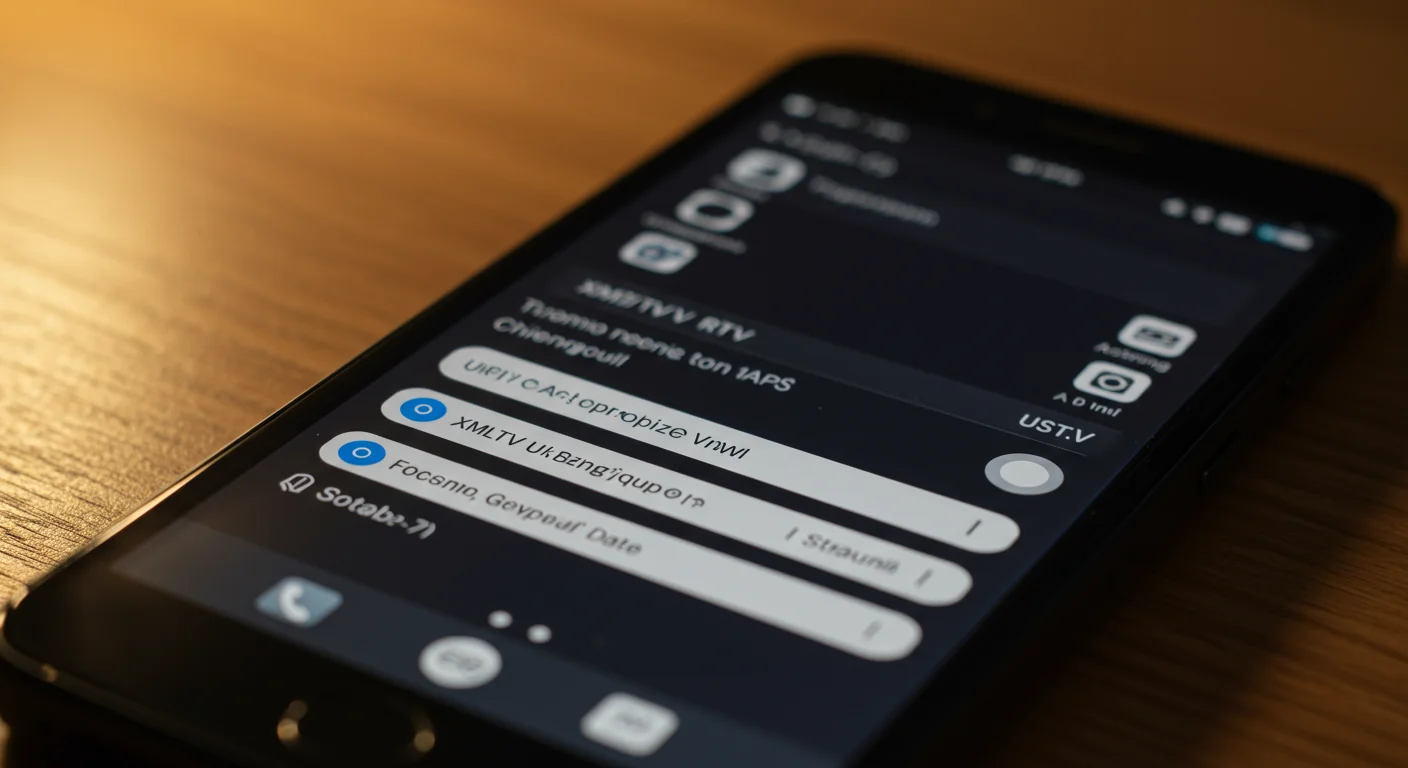 Smartphone screen displaying TiviMate app with IPTV settings, highlighting options for fixing 'no EPG data' issues in IPTV services.