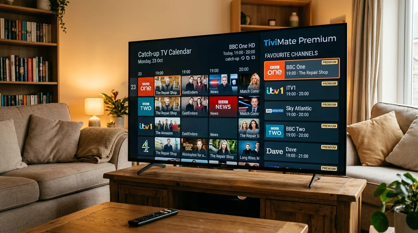 Smart TV displaying TiviMate Premium interface with catch-up TV calendar, featuring BBC One, ITV1, and Sky Atlantic channels in a cozy living room setting.