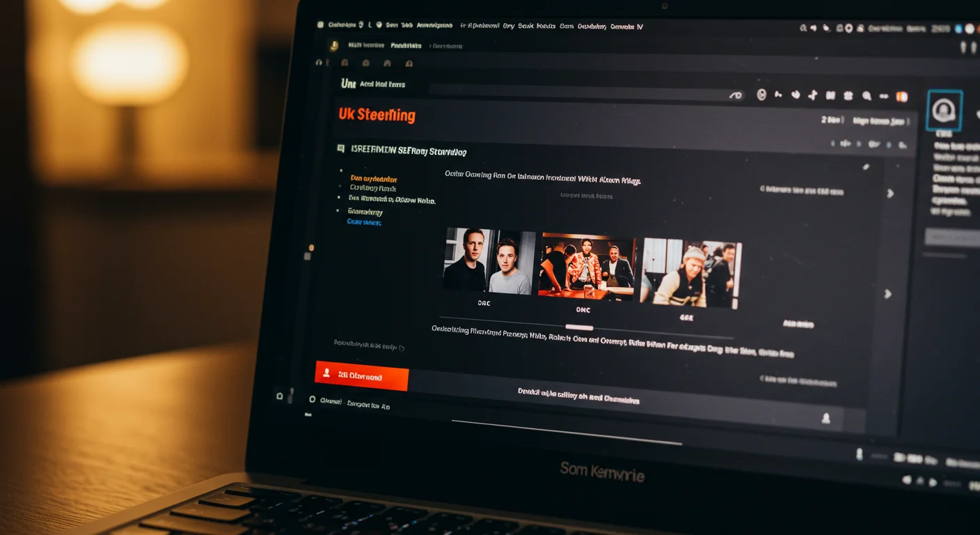 Laptop screen displaying UK streaming service interface with video thumbnails and options for accessing UK TV channels in Ireland.
