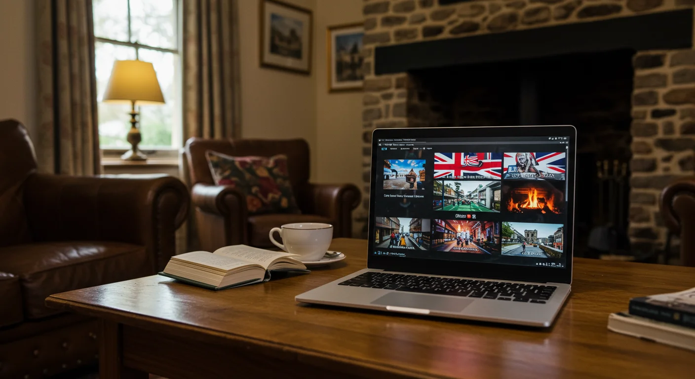 Laptop displaying UK TV channels through IPTV service, coffee cup and open book on wooden table in cozy living room setting.