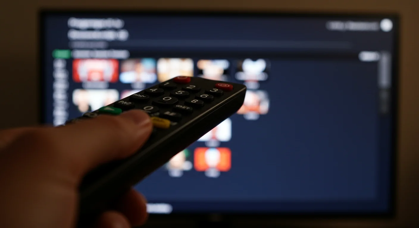 Remote control in hand navigating Electronic Program Guide (EPG) interface on television screen, illustrating IPTV UK Cloud service features.