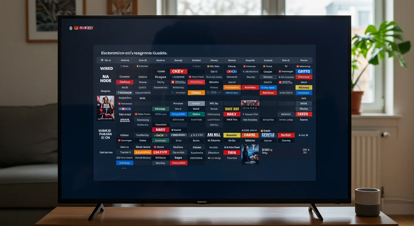 Electronic Program Guide (EPG) displayed on a TV screen, showcasing various live channels and content options, relevant to IPTV UK Cloud services.