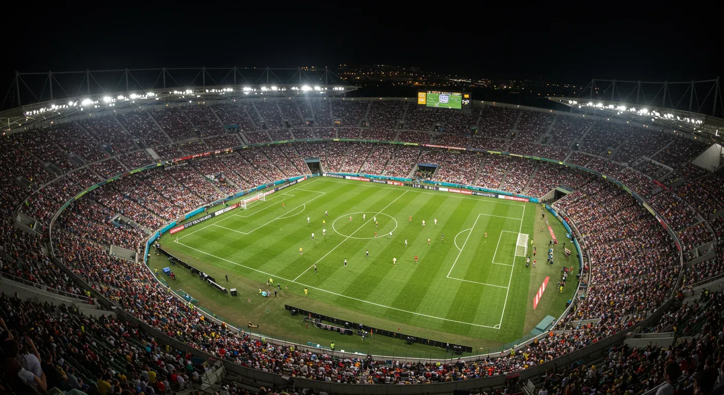 Aerial view of a packed stadium during a night football match, showcasing vibrant crowds and players on the field, highlighting the excitement of the 2026 FIFA World Cup streaming options with IPTV UK Cloud.