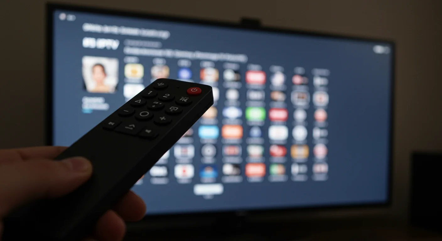 Remote control in hand with IPTV interface displayed on TV screen, showcasing various streaming app icons relevant to IPTV UK Cloud and Xtream Codes setup on Firestick.