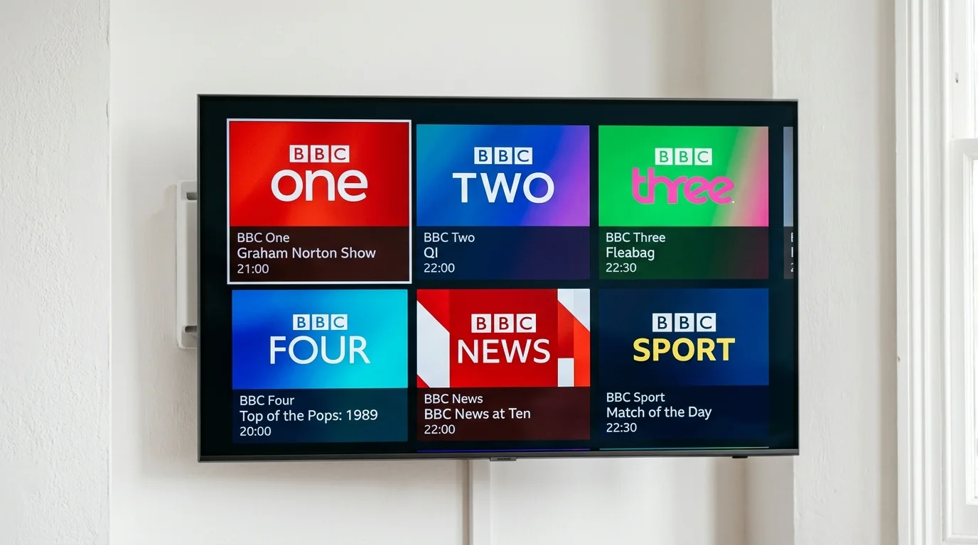 BBC channels displayed on a television screen, featuring BBC One, Two, Three, Four, News, and Sport with program details and times, highlighting IPTV UK Cloud's offerings for accessing live BBC content.
