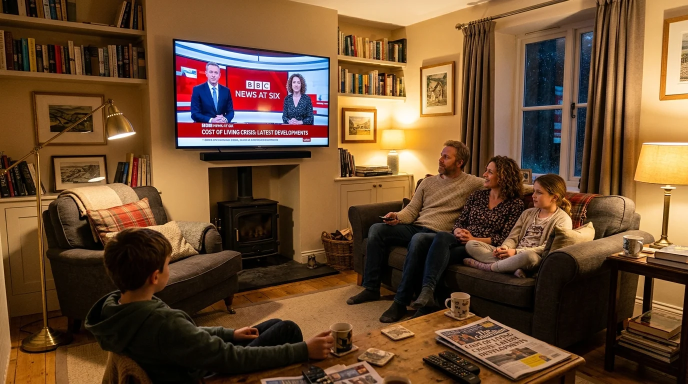 Family watching BBC News at Six on television in a cozy living room, featuring a news anchor discussing the cost of living crisis, with bookshelves and warm lighting in the background.