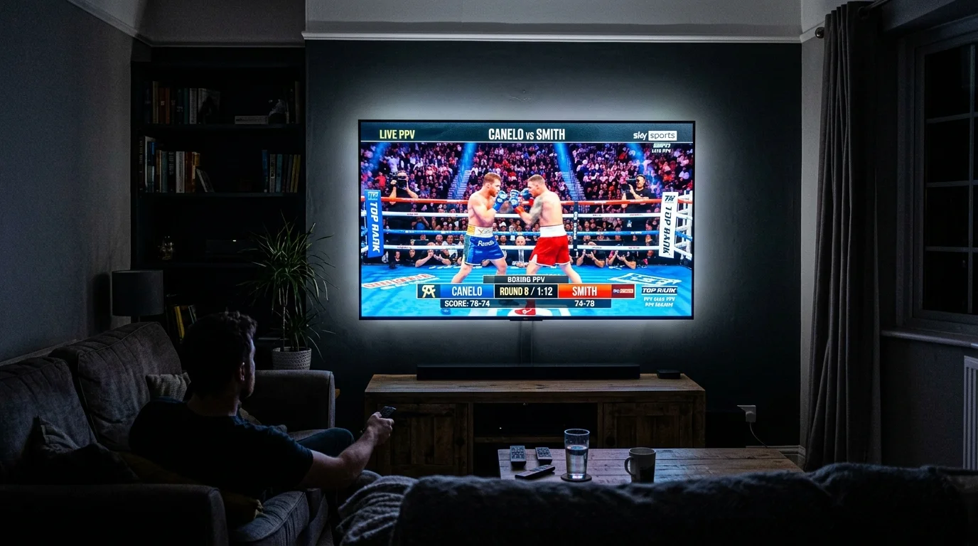 Person watching live boxing match on large TV screen, displaying "Canelo vs Smith" with round details and scores, in a cozy living room setting, emphasizing IPTV UK Cloud's sports streaming service.