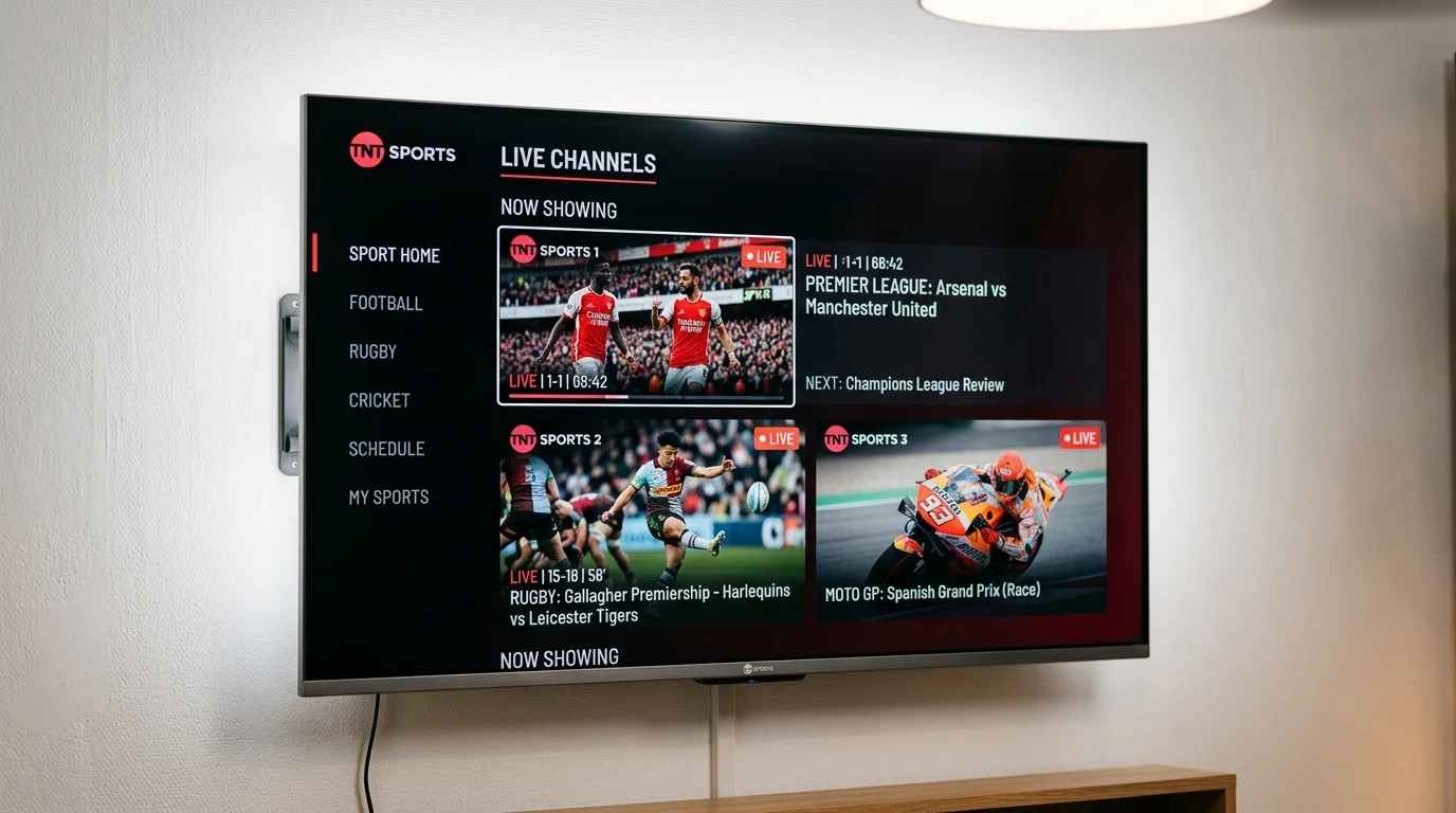 TV screen displaying live sports channels, including Premier League football match Arsenal vs Manchester United, rugby match Gallagher Premiership, and Moto GP race, highlighting IPTV access to BT Sport through IPTV UK Cloud.
