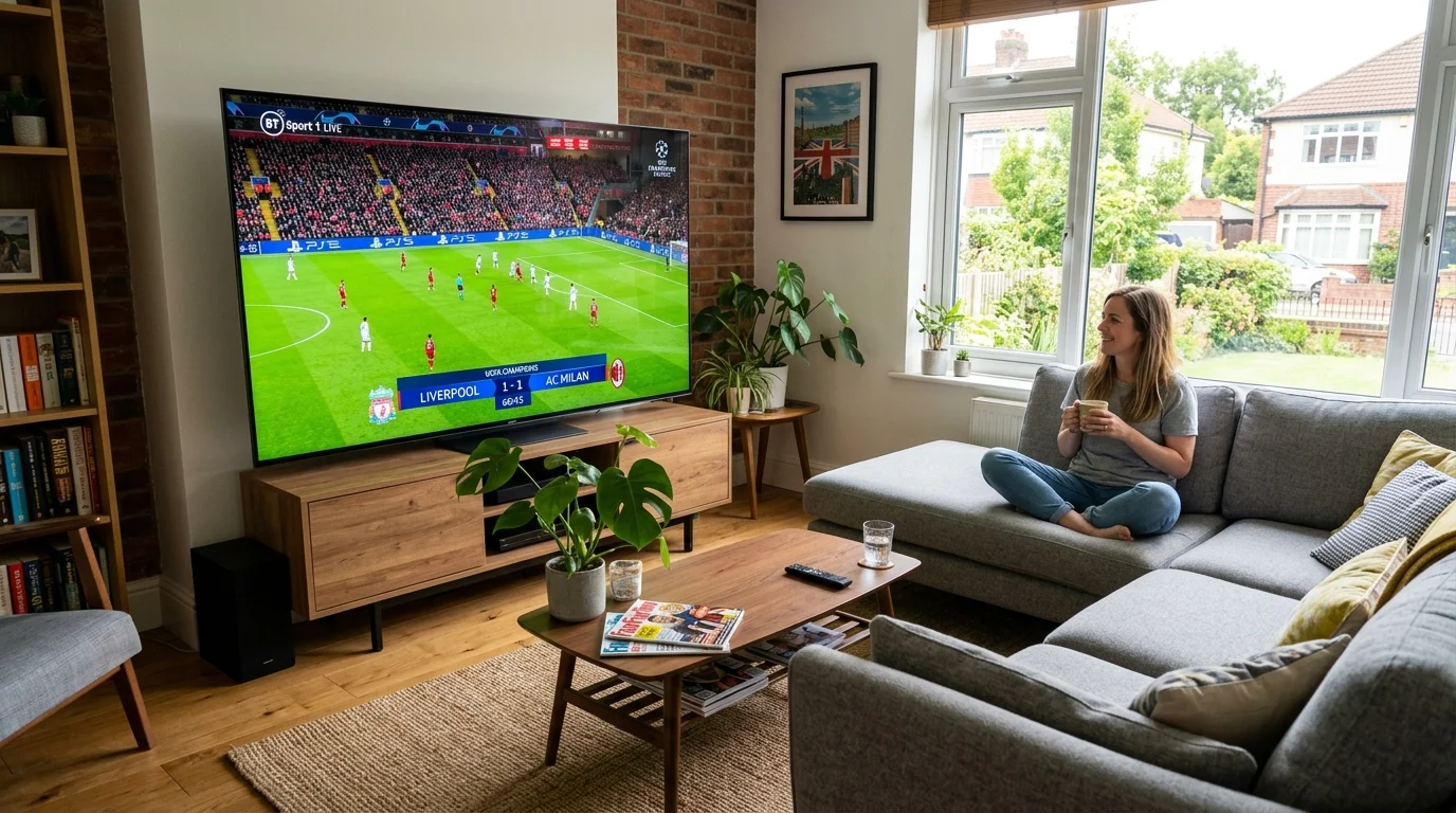Woman enjoying BT Sport live football match between Liverpool and AC Milan on a large TV in a cozy living room setting.