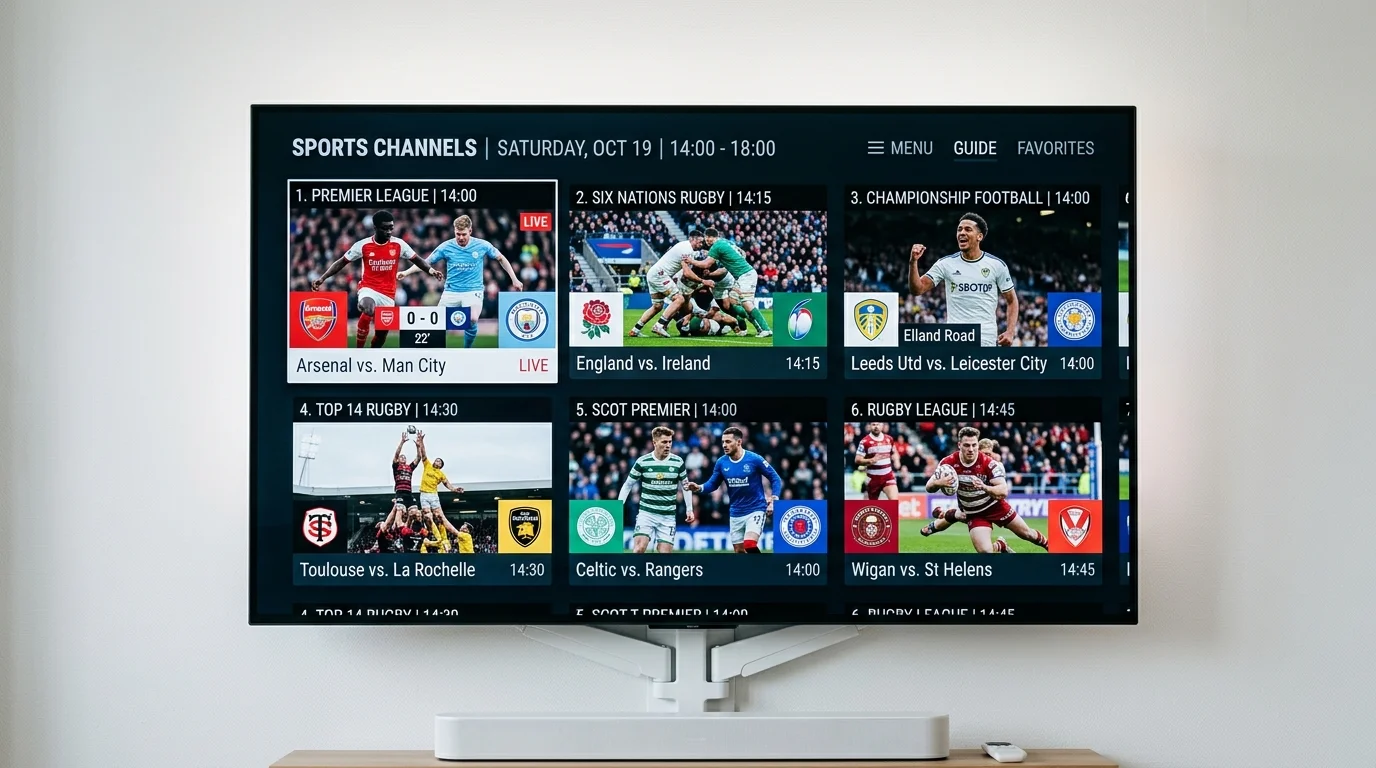 Sports channels on TV displaying live matches including Arsenal vs. Man City, England vs. Ireland, Leeds Utd vs. Leicester City, and Celtic vs. Rangers, highlighting IPTV UK Cloud's TNT Sports offerings.