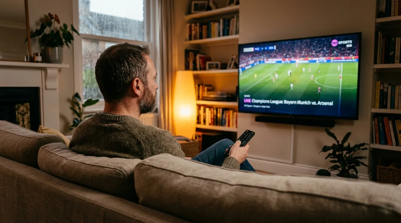 Man watching TNT Sports channel on television, focused on Champions League match between Bayern Munich and Arsenal, seated on a cozy sofa in a living room.