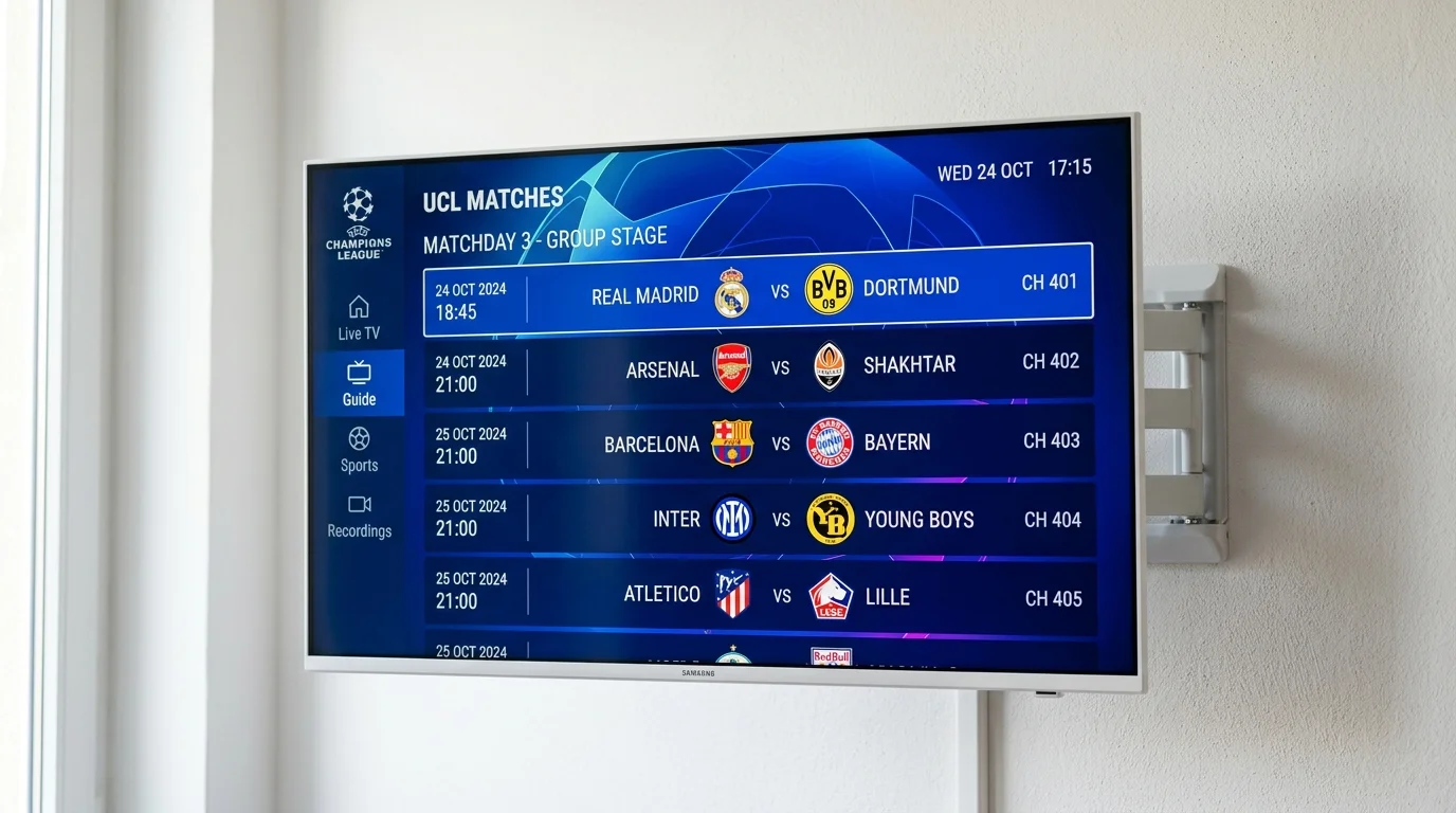 TV screen displaying UEFA Champions League match schedule, featuring teams like Real Madrid vs. Dortmund, Arsenal vs. Shakhtar, and Barcelona vs. Bayern, highlighting live streaming options for IPTV UK Cloud services.