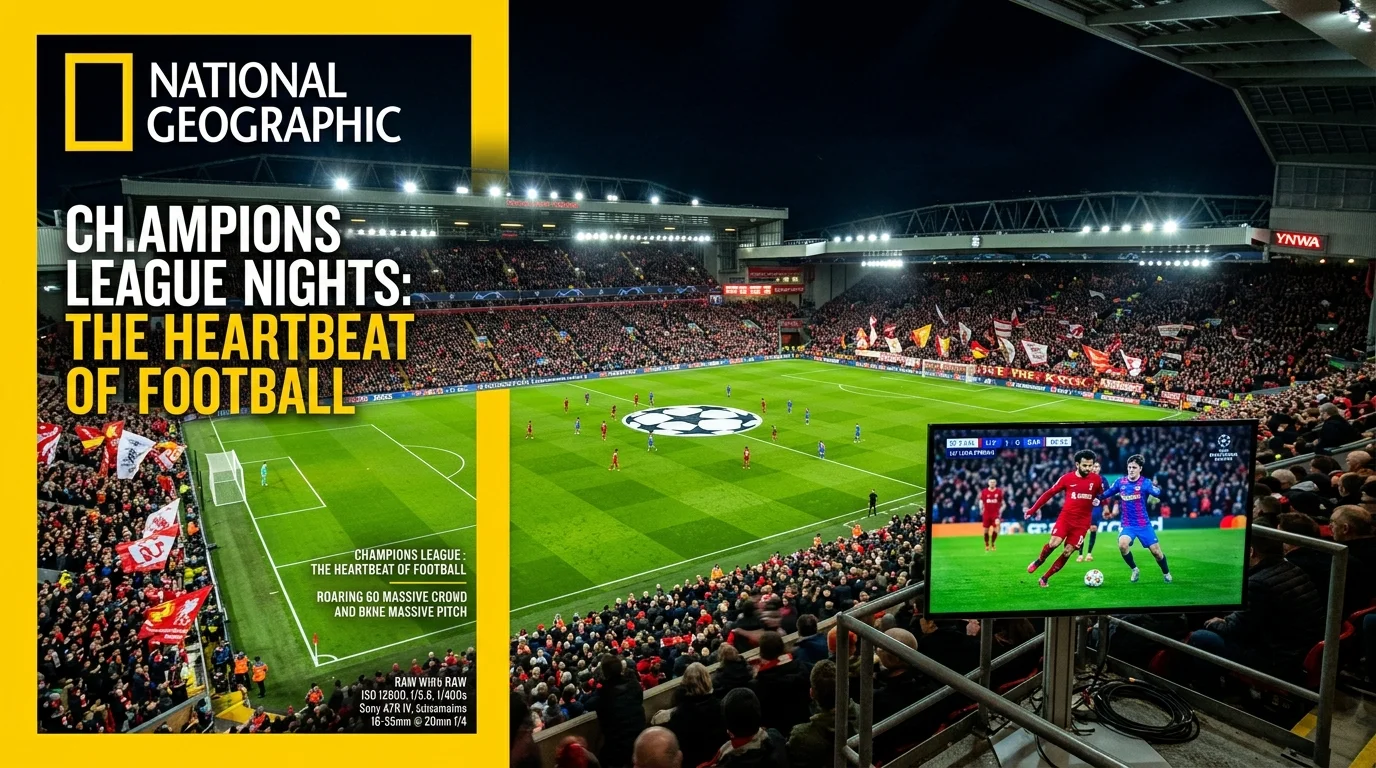 Champions League match at Anfield stadium with a massive crowd, featuring players on the pitch and a screen displaying live game action, promoting IPTV UK Cloud's streaming services for UEFA Champions League.