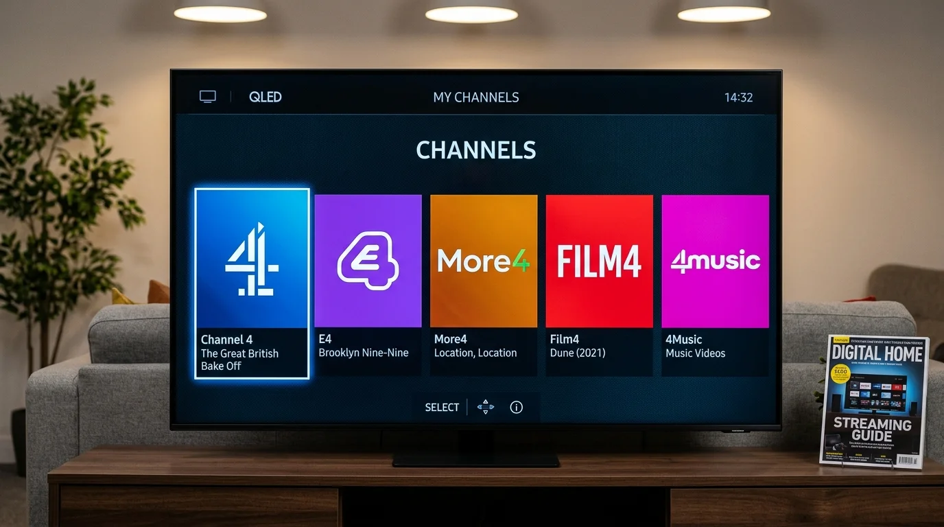 Channel 4 interface on a smart TV displaying options for Channel 4, E4, More4, Film4, and 4Music, highlighting UK television channels available through IPTV UK Cloud.