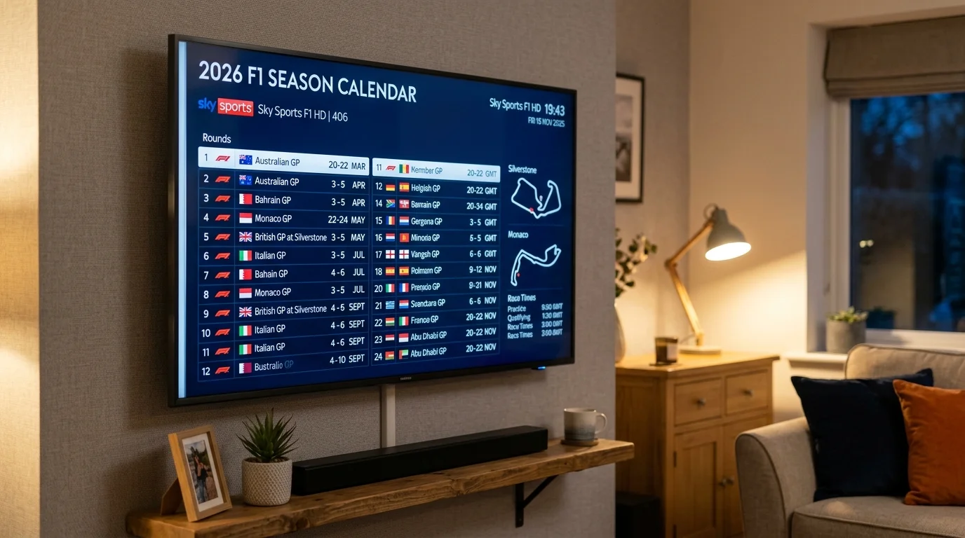 2026 F1 season calendar displayed on a TV screen, featuring race dates and locations for Formula 1 events, highlighting Sky Sports F1 HD channel access.