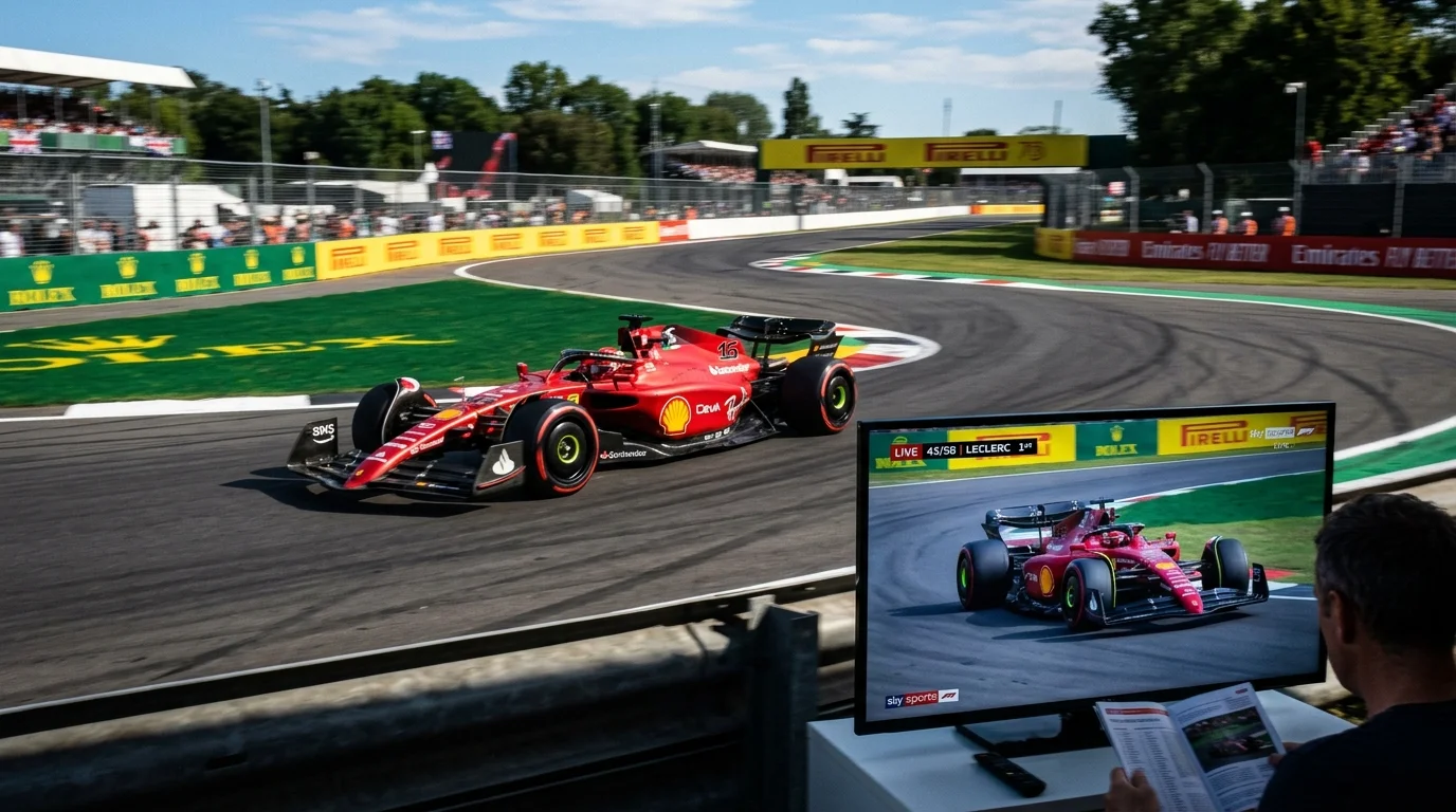 Ferrari Formula 1 car racing on track with live broadcast on TV showing race details, emphasizing IPTV UK Cloud's coverage of Formula 1 events.