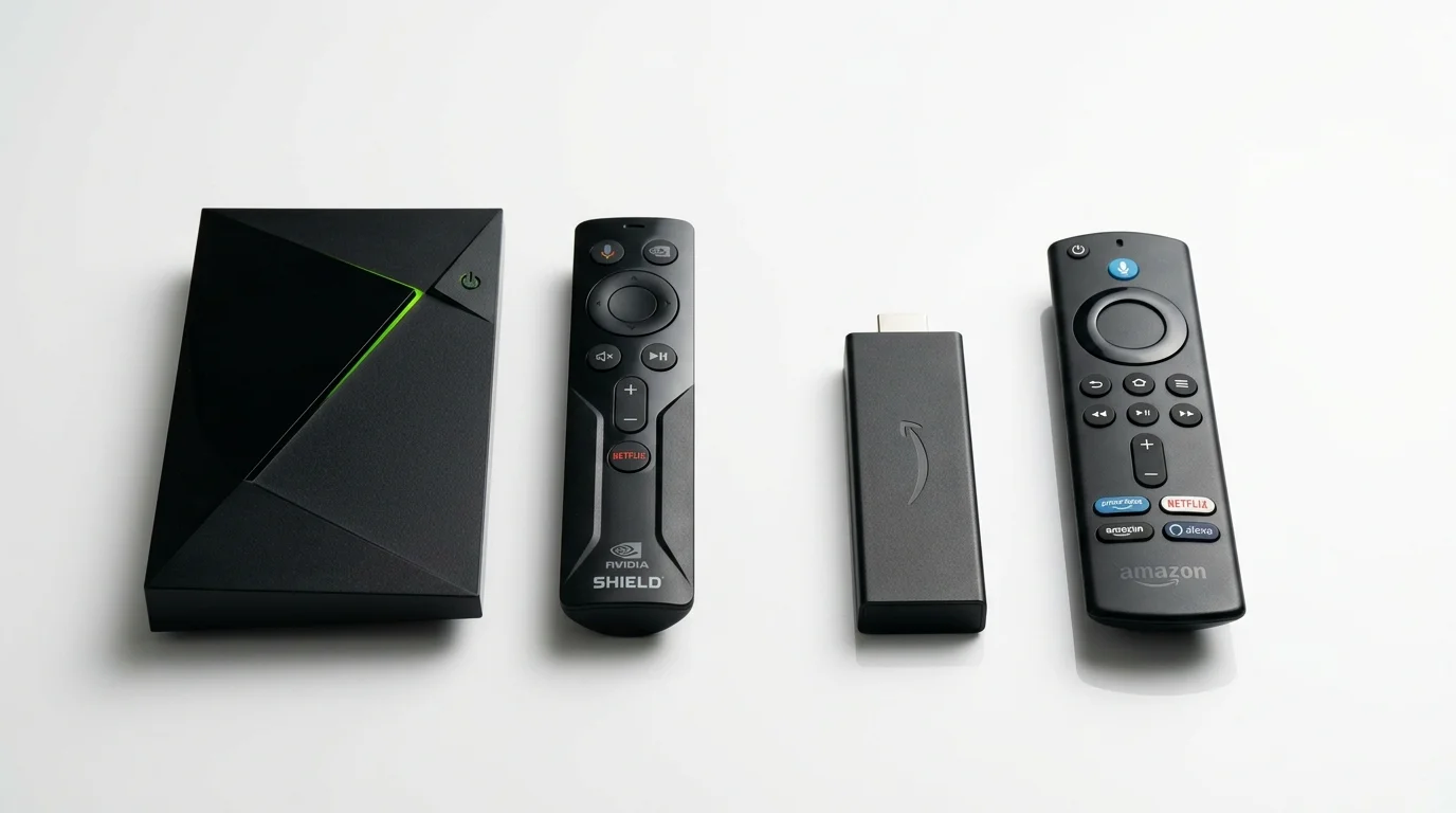 Android TV box with NVIDIA Shield remote, Amazon Fire Stick, and Fire TV remote, showcasing devices for IPTV streaming in the UK.
