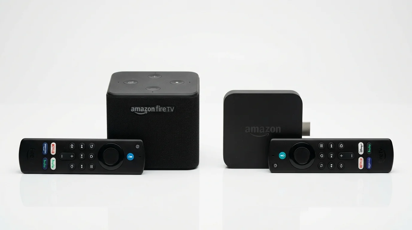 Amazon Fire TV Cube with remote controls, showcasing IPTV UK Cloud subscription service setup options.