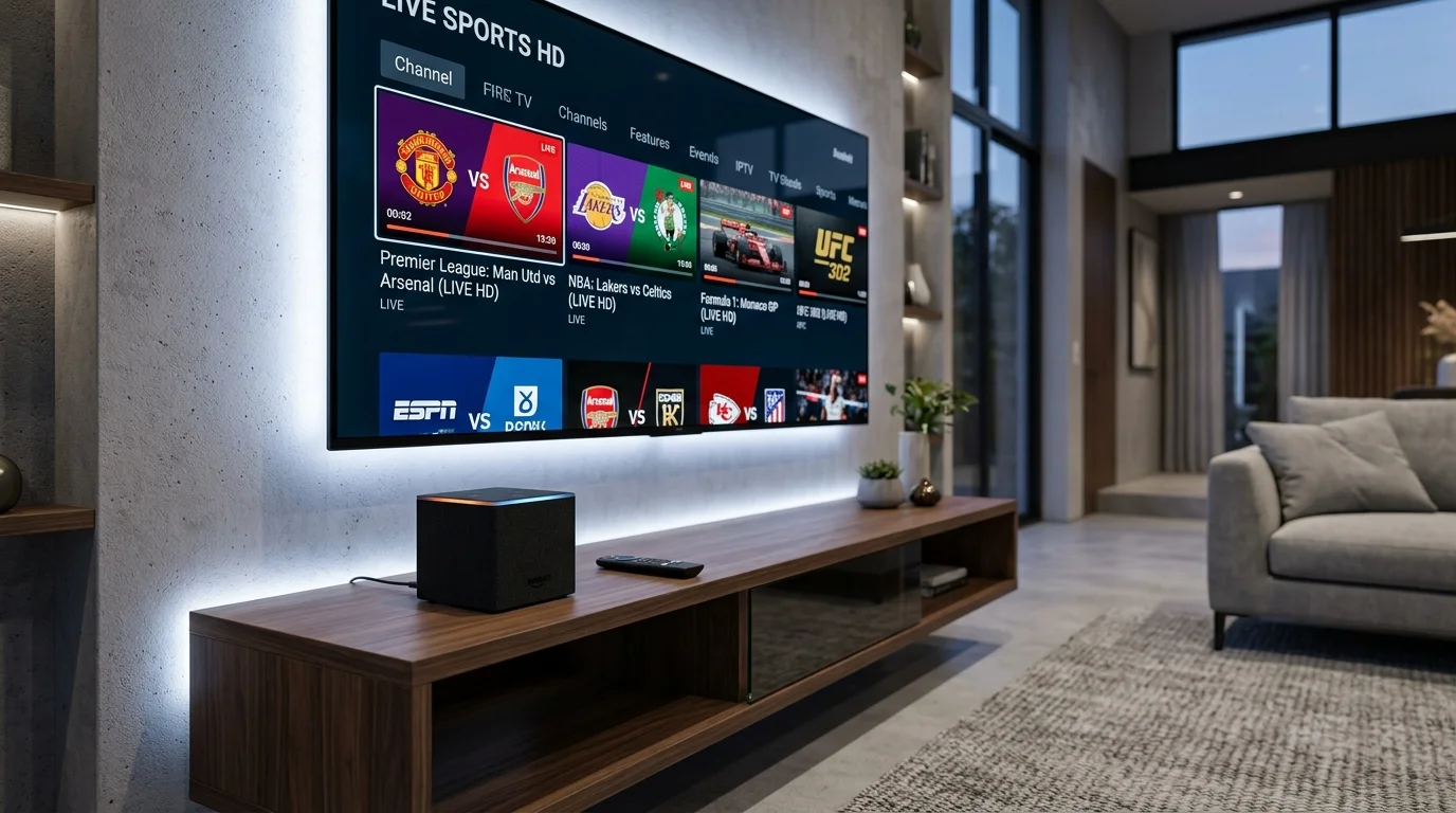 Smart TV displaying live sports channels, including Premier League and NBA games, with a sleek entertainment setup featuring an IPTV service on Amazon Fire TV Cube.