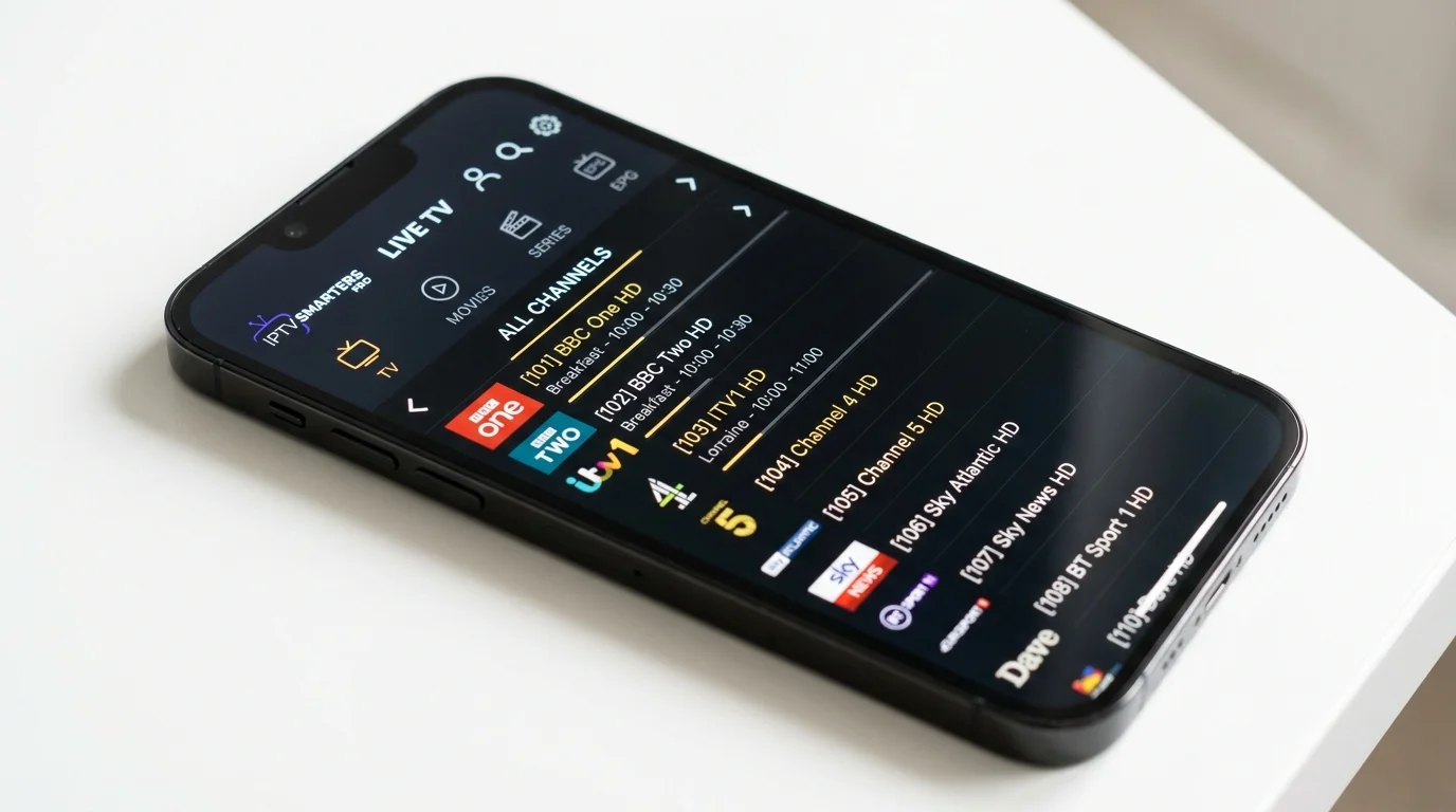 iPhone displaying IPTV Smart TV app interface with live channel listings, including BBC One, ITV, and Sky channels, highlighting premium IPTV service features for mobile viewing.