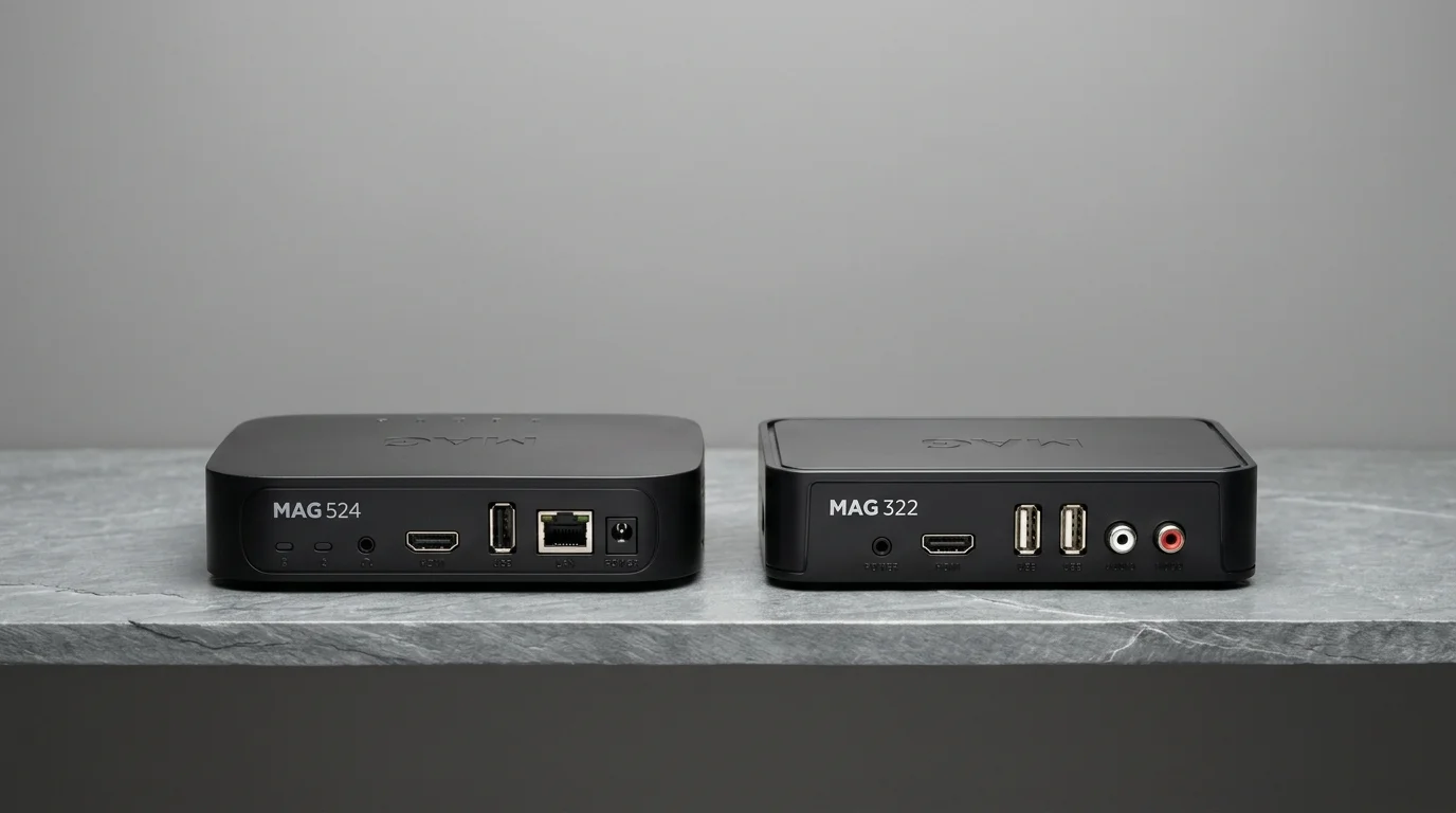 MAG 524 and MAG 322 IPTV set-top boxes showcasing connectivity options, designed for IPTV services with IPTV UK Cloud.
