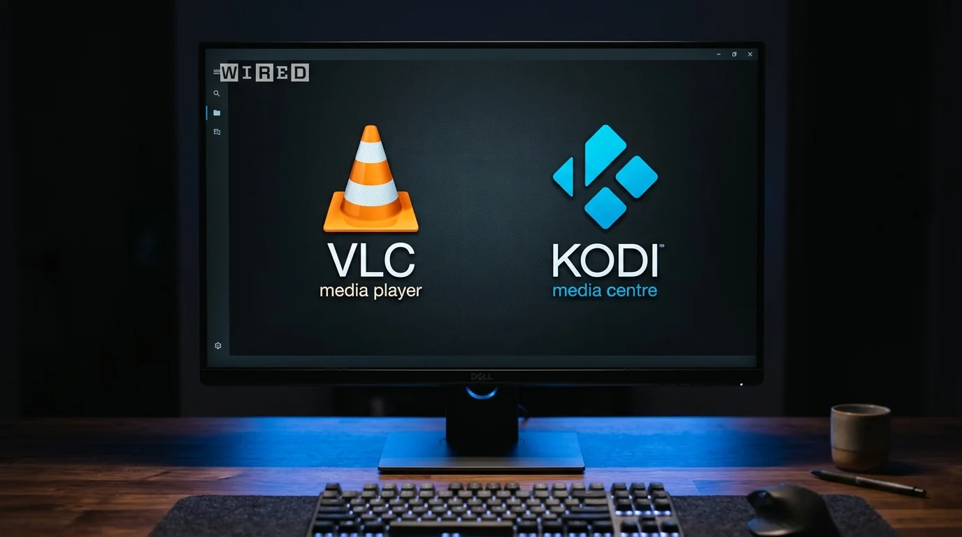 Computer monitor displaying VLC media player and Kodi media centre logos, relevant for IPTV UK Cloud users seeking software options for watching live UK TV and on-demand content on PCs and Macs.