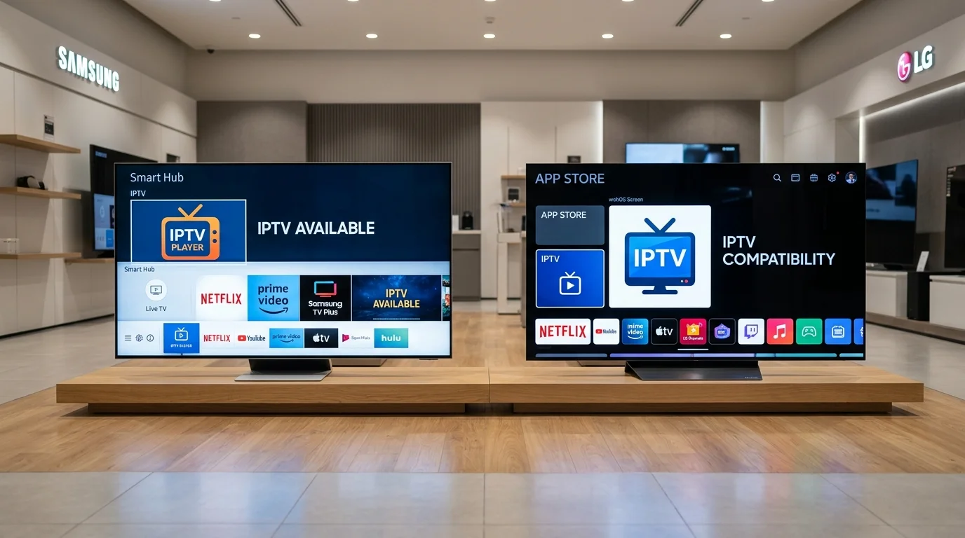 Smart TVs displaying IPTV options, including "IPTV Player" and "IPTV Compatibility," in a modern electronics store setting, highlighting subscription services and app availability for Samsung and LG models.